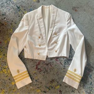 Vintage 1960s Naval Officer Cropped Jacket White Military Blazer Gold Button